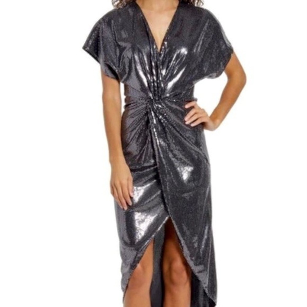 Saylor Women’s Roslynn Sequin Cross Front High Low Dress Silver Black Size S NWT
